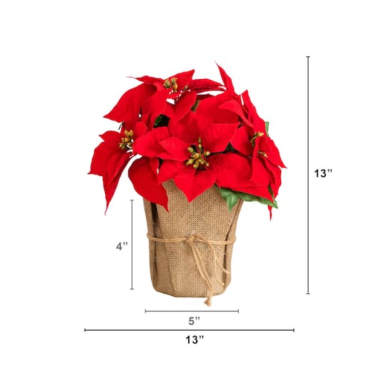 Nearly Natural 13" Red Artificial Velvet Poinsettia in Burlap Planter